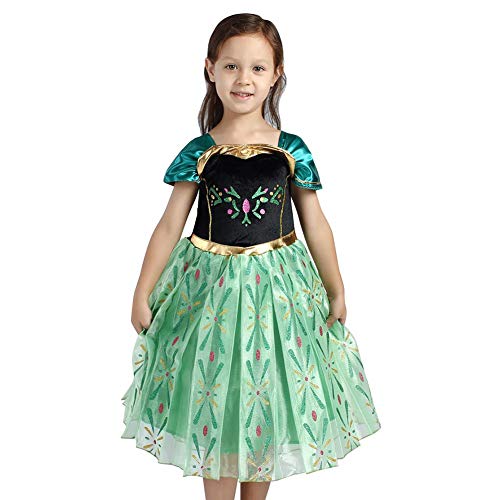 IWEMEK Disfraz de Princesa Anna Vestido Niñas Reina de Hielo Cosplay Tutu Tul Maxi Vestido Carnaval Traje Halloween Navidad Ceremonia Cumpleaños Fiesta Theme Fancy Dress Costume Verde 7-8 Años