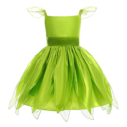 IWEMEK Disfraz Niña Campanilla Elfa Flores Hadas Princesa + Alas de Mariposa + Corona + Vestido Tutú con Varita Mágica Cosplay Carnaval Espectáculo Halloween Fiesta Cumpleaños 4 piezas verde 9-10 años