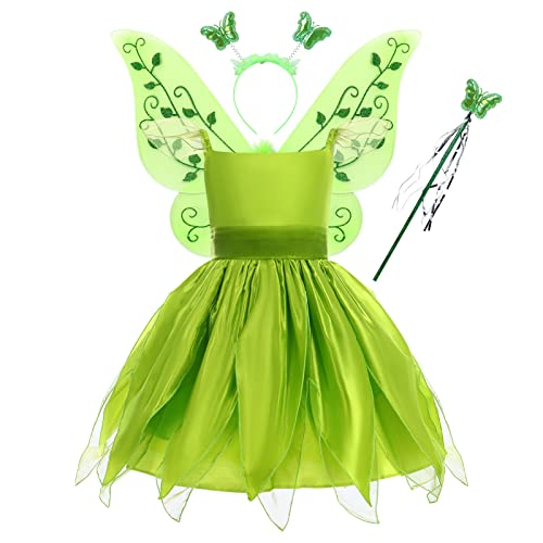 IWEMEK Disfraz Niña Campanilla Elfa Flores Hadas Princesa + Alas de Mariposa + Corona + Vestido Tutú con Varita Mágica Cosplay Carnaval Espectáculo Halloween Fiesta Cumpleaños 4 piezas verde 9-10 años