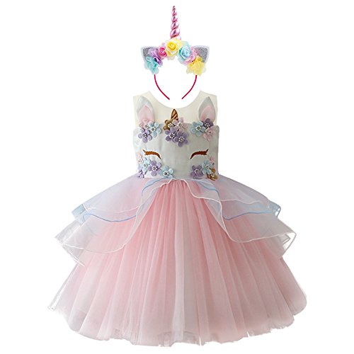 IWEMEK Niña Princesa Vestido Unicornio Disfraz de Cosplay para Fiesta Carnaval Bautizo Cumpleaños Comunión Boda Rosa 12-13 Años