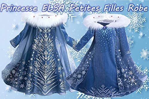 IWFREE Niñas Cosplay Vestido de Princesa Elsa con Capa Vestido de Manga Larga Vestido Largo Disfraz Azul Dulce Disfraz Ceremonia de Fiesta Halloween Navidad 3-9 años 100-150cm