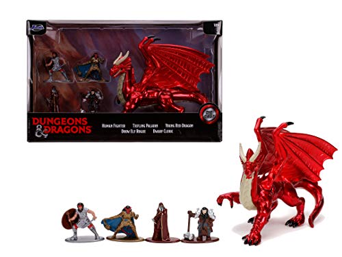 Jada Toys- Dragones y Mazmorras NanoFiguras 4cm, En Metal, Enano Clérigo, Elfo Rogue, Tiefling Paladin, Guerero Humano, Dragón Rojo, Ideal para Coleccionsimo