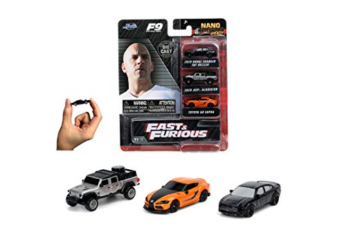 Jada Toys Fast & Furious 253201003 Juego de 3 Coches coleccionables C Nano, Jeep Gladiator, 2019 Dodge Charger SRT Hellcat Widebody, 2020 Toyota Supra, 4 cm, a Partir de 3 años