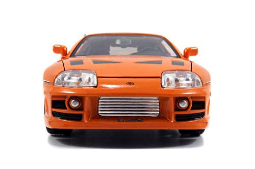 Jada Toys Fast & Furious Brian's 1995 Toyota Supra Build+Collection - Maqueta de Coche Tuning, Escala 1:24, Incluye Figura Brian O'Conner, Color Naranja