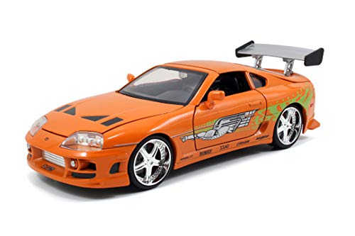 Jada Toys Fast & Furious Brian's 1995 Toyota Supra Build+Collection - Maqueta de Coche Tuning, Escala 1:24, Incluye Figura Brian O'Conner, Color Naranja