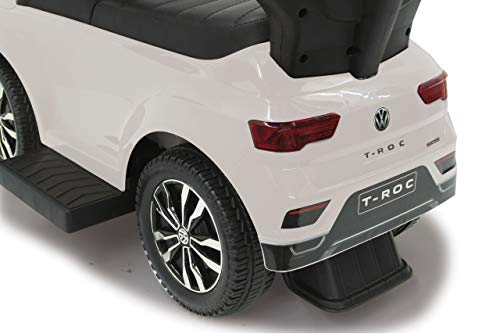 Jamara Volkswagen 460463-Correpasillo VW T-Roc 3en1 Antivuelco, Sonidos, Protección Lateral, Soporte con función de dirección, Portavasos, Apoyapiés Extensible, Color Blanco (460463)