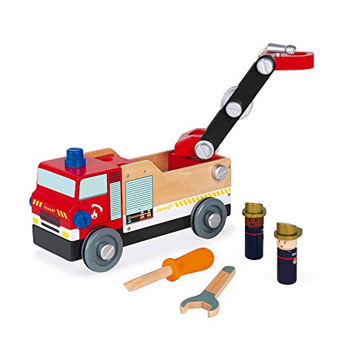 Janod - Camión de bomberos de madera Brico'kids, certificado FSC - Juego de construcción - Con 2 bomberos - 45 piezas, fácil de armar - Juguete de madera para niños de 3 a 8 años, J06469