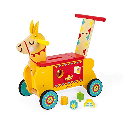 Janod- Carrito Llama (madera), Color amarillo/rojo (Juratoys J08004)