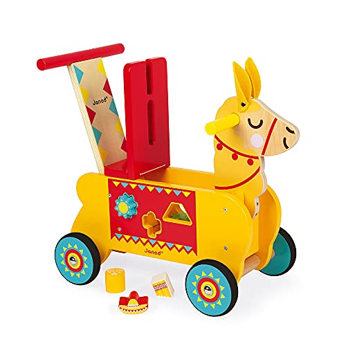 Janod- Carrito Llama (madera), Color amarillo/rojo (Juratoys J08004)