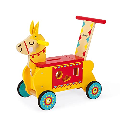 Janod- Carrito Llama (madera), Color amarillo/rojo (Juratoys J08004)