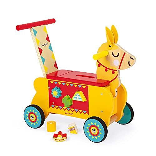 Janod- Carrito Llama (madera), Color amarillo/rojo (Juratoys J08004)