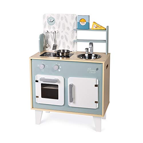 Janod - Cocina de madera para niños "Plume" - Con horno, fregadero de acero inoxidable, armario, pomos y reloj - Cocina con 5 accesorios - De 3 a 8 años, J06608