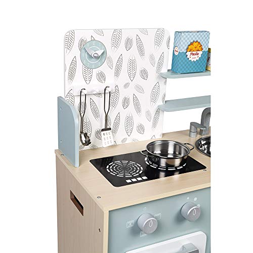 Janod - Cocina de madera para niños "Plume" - Con horno, fregadero de acero inoxidable, armario, pomos y reloj - Cocina con 5 accesorios - De 3 a 8 años, J06608