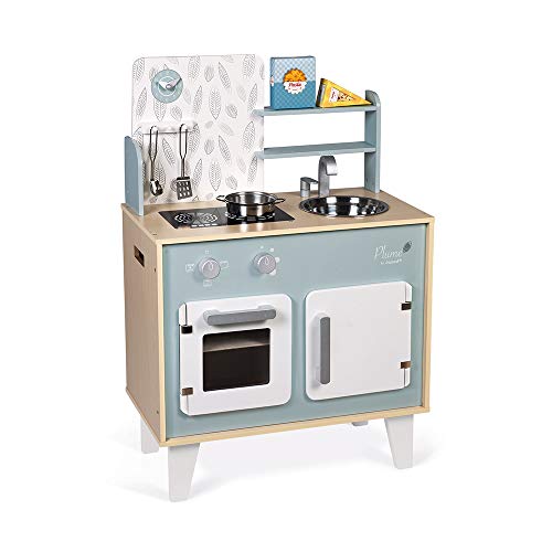 Janod - Cocina de madera para niños "Plume" - Con horno, fregadero de acero inoxidable, armario, pomos y reloj - Cocina con 5 accesorios - De 3 a 8 años, J06608