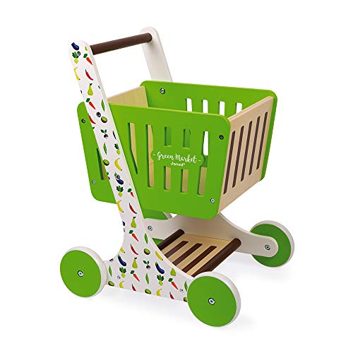 Janod - Green Market - Carrito de La Compra en Madera, Juguete de Imitación, 7 Accesorios Incluidos - Desde Los 18 Meses, J06579