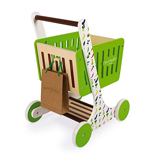 Janod - Green Market - Carrito de La Compra en Madera, Juguete de Imitación, 7 Accesorios Incluidos - Desde Los 18 Meses, J06579