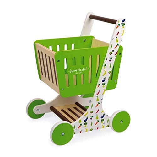 Janod - Green Market - Carrito de La Compra en Madera, Juguete de Imitación, 7 Accesorios Incluidos - Desde Los 18 Meses, J06579