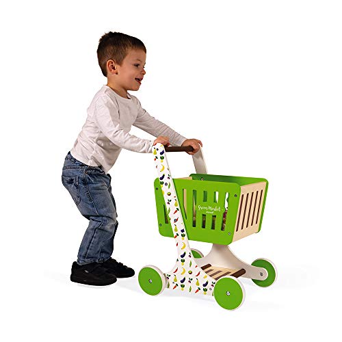 Janod - Green Market - Carrito de La Compra en Madera, Juguete de Imitación, 7 Accesorios Incluidos - Desde Los 18 Meses, J06579