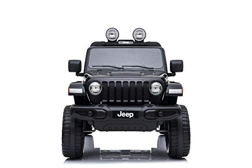 Jeep Wrangler Ride-On eléctrico, Negro, Doble Asiento de Cuero, Radio con Bluetooth y Entrada USB, Unidad 4x4, batería 12V10Ah, Ruedas EVA, Ejes de suspensión, Control Remoto de 2.4 GHz, con Licencia