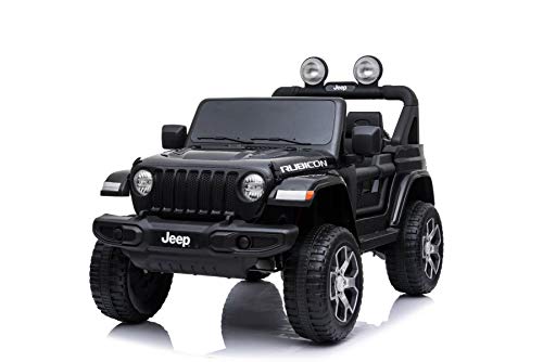 Jeep Wrangler Ride-On eléctrico, Negro, Doble Asiento de Cuero, Radio con Bluetooth y Entrada USB, Unidad 4x4, batería 12V10Ah, Ruedas EVA, Ejes de suspensión, Control Remoto de 2.4 GHz, con Licencia