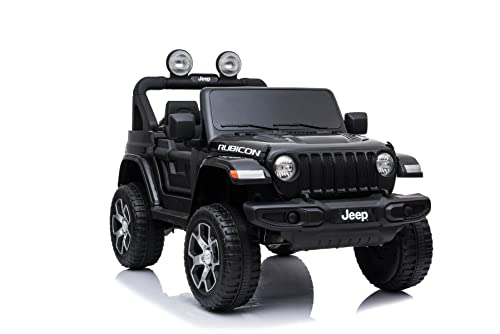 Jeep Wrangler Ride-On eléctrico, Negro, Doble Asiento de Cuero, Radio con Bluetooth y Entrada USB, Unidad 4x4, batería 12V10Ah, Ruedas EVA, Ejes de suspensión, Control Remoto de 2.4 GHz, con Licencia