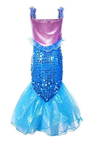 JerrisApparel Niñas Princesa Sirena Vestido Navidad Traje Fiesta Cumpleaños Disfraz (110, Azul con Accesorios)