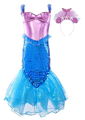 JerrisApparel Niñas Princesa Sirena Vestido Navidad Traje Fiesta Cumpleaños Disfraz (110, Azul con Accesorios)