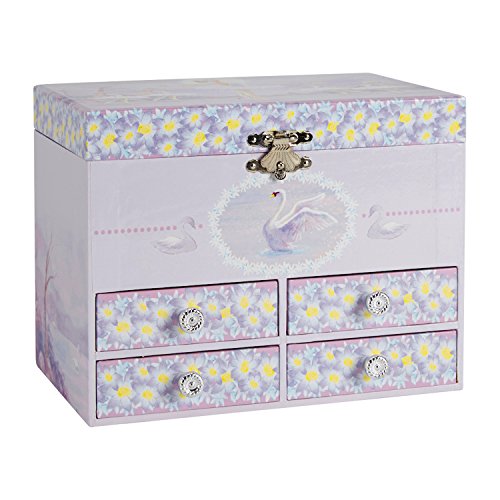 Jewelkeeper - Caja de Música Grande para Joyas para Niñas, con Flores Púrpuras y Cisnes Blancos, Equipada de 4 Cajones Extraíbles - Melodía del Lago de los Cisnes