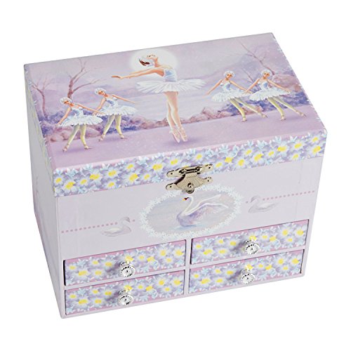 Jewelkeeper - Caja de Música Grande para Joyas para Niñas, con Flores Púrpuras y Cisnes Blancos, Equipada de 4 Cajones Extraíbles - Melodía del Lago de los Cisnes