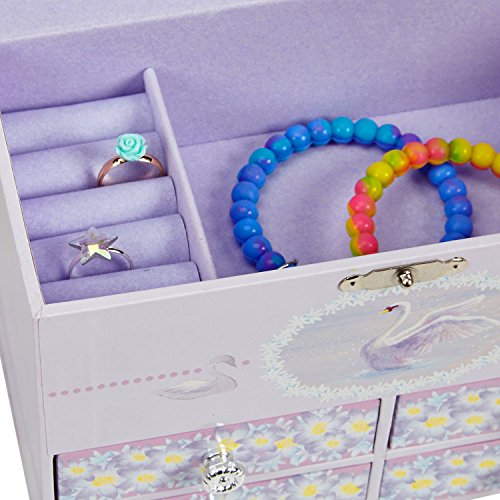 Jewelkeeper - Caja de Música Grande para Joyas para Niñas, con Flores Púrpuras y Cisnes Blancos, Equipada de 4 Cajones Extraíbles - Melodía del Lago de los Cisnes