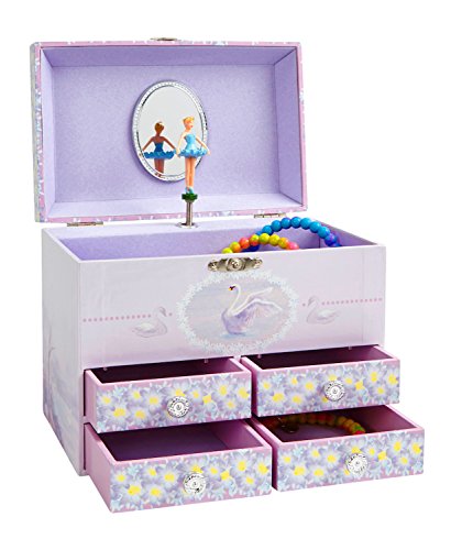 Jewelkeeper - Caja de Música Grande para Joyas para Niñas, con Flores Púrpuras y Cisnes Blancos, Equipada de 4 Cajones Extraíbles - Melodía del Lago de los Cisnes