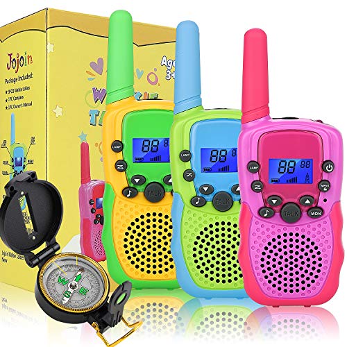 Jojoin 3 pcs Walkie Talkie Niños con 8/20/22 Canales de Banda Estrecha, Larga Distancia 3KM, Función Vox, 10 Tonos de Llamada, con Linterna y Brújula, Regalo y Juguete para Niños o Niñas Más de 3 años