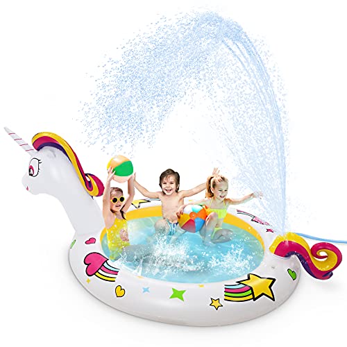 Jojoin Piscina Inflable Unicornio, Fuente de natación Multifuncional, Spray de Cola, Exquisita Forma de Unicornio y Patrón, Fiesta en La Piscina al Aire Libre en La Playa de Verano 230 * 126 * 106 Cm