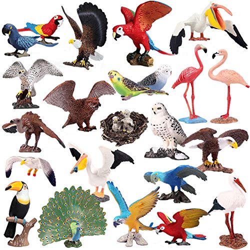 JOKFEICE Figuras de Animales 23 pcs Realista Plástico Juguetes de Aves Incluye Pavo Real, Guacamayo, Loro, Pelícano etc. Proyecto de Ciencia, Regalo de cumpleaños, Decoración de Pastel para niños