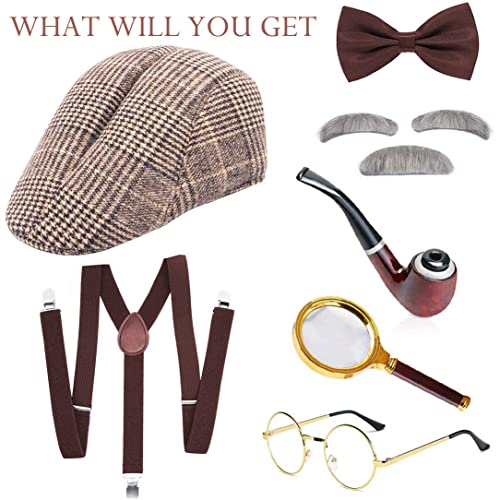 JORAKI Accesorios Hombre los Años 20 Sherlock Holmes Victorian Detective Disguise Cosplay Kit con Sombrero Lupa Liguero Pajarita Barba Cejas Gafas para Carnaval Mascarada Evento Fiesta