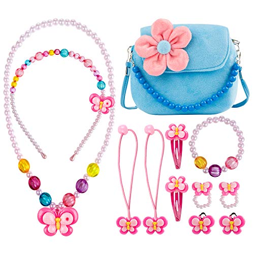 Joyas para niños Niñas Bolso de Peluche,Comius Sharp Bolso Princesa, Bolsos para con Flores de Fieltro con Cuentas Mini Bolso ,Crossbody Para Pequeñas,Collar Pulsera Anillo Pinzas de Conjunto. (Blue)