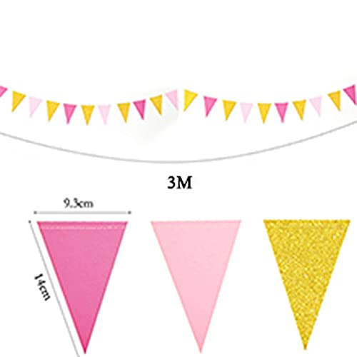 JSTF 3M Multicolor Rosa Azul Papel Triángulo Garland Banners Cortina Para Niña Niño Bebé Ducha Fiesta de Cumpleaños Colgante Decoración de la habitación rosa oro