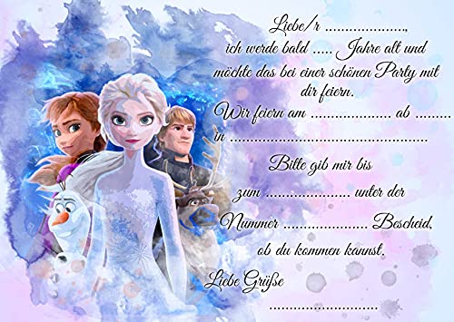 Juego de 10 tarjetas de invitación + 10 sobres para cumpleaños infantiles compatibles con Frozen La reina de hielo, formato DIN A6 (postal 148 x 105 mm), 0025