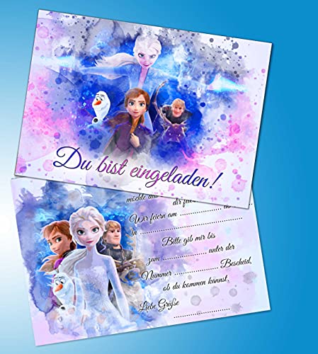 Juego de 10 tarjetas de invitación + 10 sobres para cumpleaños infantiles compatibles con Frozen La reina de hielo, formato DIN A6 (postal 148 x 105 mm), 0025