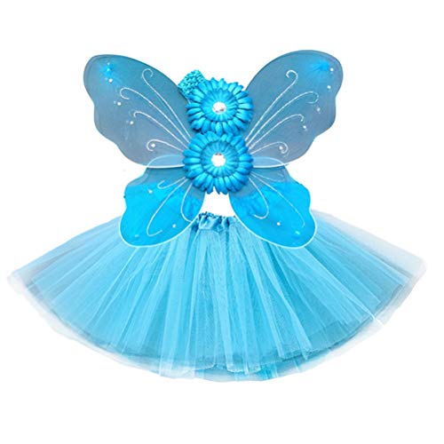 Juego de 3 piezas de tutú para niños, juego de falda de verano con alas de moda para la cabeza, kit de falda de tutú de rendimiento de princesa, conjunto de falda colorida (azul cielo)