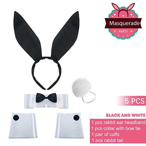 Juego de Accesorios de Conejo de Mujeres Diadema de Oreja Collar Pajarita Puño Cola de Disfraz de Conejo para Halloween Navidad Fiesta de Disfraz