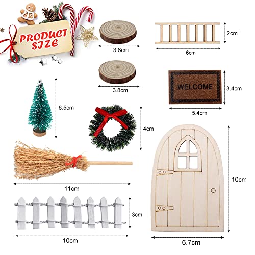 Juego de accesorios para puerta de gnomo de Navidad, 9 gnomos Casa de muñecas decorativa en miniatura 1/12 Puerta de madera Árbol de Navidad Corona decorativa Mini adornos para muebles de jardín