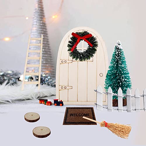 Juego de accesorios para puerta de gnomo de Navidad, 9 gnomos Casa de muñecas decorativa en miniatura 1/12 Puerta de madera Árbol de Navidad Corona decorativa Mini adornos para muebles de jardín