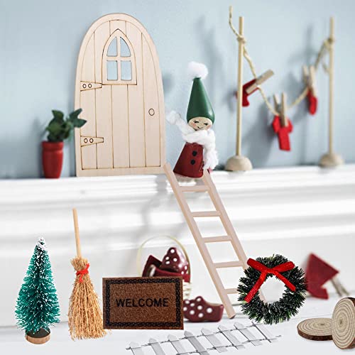 Juego de accesorios para puerta de gnomo de Navidad, 9 gnomos Casa de muñecas decorativa en miniatura 1/12 Puerta de madera Árbol de Navidad Corona decorativa Mini adornos para muebles de jardín