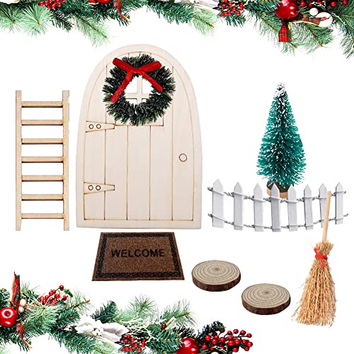 Juego de accesorios para puerta de gnomo de Navidad, 9 gnomos Casa de muñecas decorativa en miniatura 1/12 Puerta de madera Árbol de Navidad Corona decorativa Mini adornos para muebles de jardín