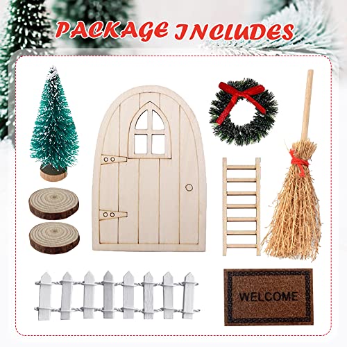 Juego de accesorios para puerta de gnomo de Navidad, 9 gnomos Casa de muñecas decorativa en miniatura 1/12 Puerta de madera Árbol de Navidad Corona decorativa Mini adornos para muebles de jardín