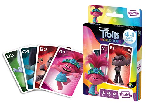 Juego de Cartas Shuffle Fun Toy Trolls 2 - Baraja de Cartas con 4 Juegos de Snap, Familias, Parejas y Juego de Acción