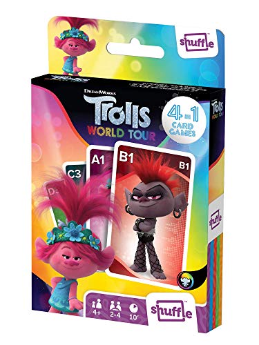 Juego de Cartas Shuffle Fun Toy Trolls 2 - Baraja de Cartas con 4 Juegos de Snap, Familias, Parejas y Juego de Acción