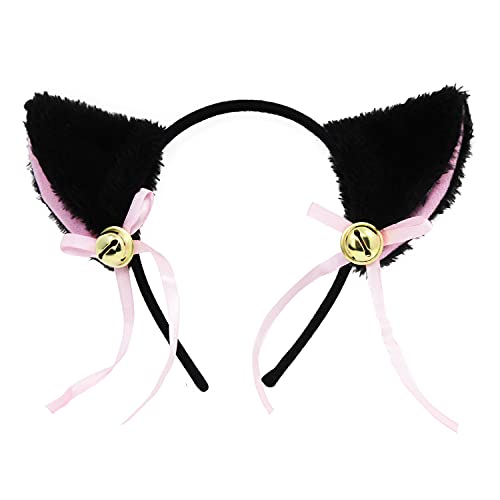 Juego de cosplay de gato, diadema con orejas de gato, orejas de gatito, collar, patas, guantes, juego de decoración de fiesta de disfraces de cosplay de gato para niños, mujeres y niñas (negro)