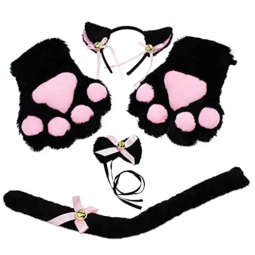 Juego de cosplay de gato, diadema con orejas de gato, orejas de gatito, collar, patas, guantes, juego de decoración de fiesta de disfraces de cosplay de gato para niños, mujeres y niñas (negro)